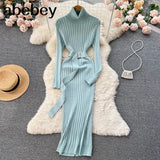 Winter Turtleneck Sexy Women Dress Autumn Long Sleeve Skinny Maxi Boydcon Casual Sweater Plush Knee-Length Party
