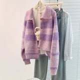 Toloer Purple Striped Soft-Clip Single-Dcupy Clasp-Clip Sweater Women's Cardigan Jacket 2025 New Autumn And Winter
