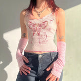 Sweet Kawaii Butterfly Print Crop Top Pink Lace-up Bandage Shoulder Frill Ribbed Corset Lolita Casual Basic Camis