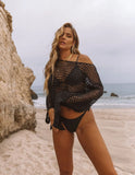 Toloer New Bikini Smock Mesh Hollow Knit Sweater Swimsuit Beach Sunscreen Shirt Female Summer-Outfit
