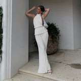Toloer Hanging Neck Sexy Hot Girl Sleeveless Vest White Pleated High Waist Wide Leg Pants Suit Woman-Outfit