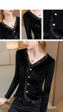 Womens T-shirt Spring Summer V-Neck Long Sleeve Solid Color Button Fashion Casual Tees Stylish Blouses Elegant Tops-Outfit