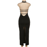 Black Halter Backless Maxi Dress With Back Straps-Outfit