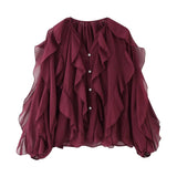 Decoration Fashion V-Neck Long-Sleeved Shirt 2025 Spring And Summer Thin Single-Dbutton Loose Top