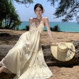 Desire Wind Sexy Dew Back Hanging Neck Halter Belt Skirt Female Summer New French Temperament Super Fairy Seaside Holiday Dress-Outfit