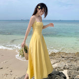 Toloer Yellow Waist Sling Dress Female Summer Summer 2023 New Seaside Resort Gentle Sexy Long
