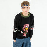 Cartoon Hello Pink Bear Embroidery Sweater Harajuku Retro Style Knitted Sweater Autumn And Winter Cotton Pullover