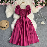 Toloer Vacation Wind French Retro Square Collar Waist Dress Female Summer Design Sense Bubble Short Sleeve Fairy