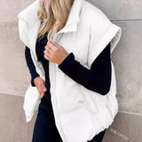 2024 New Women's Solid Color Zip Pocket Cotton-Padded Jacket Vest Fashion Standing Collar Temperament Commuter Coat-Outfit