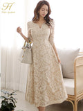 Han Queen Temperate A-line Lace Dress Women Spring Full Sleeve Long Swing Dresses OL Special Occasion Evening Party Vestidos-Outfit