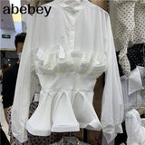 Ruffle Ruched Shirt For Women Stand Collar Lantern Sleeve Sashes Casual Blouse Female Fashion Tide