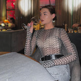 Printed Chaochao Brand Mesh Spicy Girls' Conjoined Clothes Are Sexually Transparent Long-Sleeved Tight Fashionable Women's Wear-Outfit