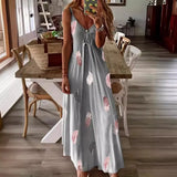 Toloer And Summer New Sleeveless Slim Feather Print Low Breast V Collar Sling Large Hem Skirt Women's Dress-Outfit