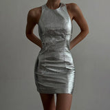 Toloer Summer New Pu Leather Dress Female Silver Fashion Sexy Show Backpack Hip Short Skirt-Outfit