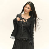 New Women's Design Temperament Lace Splicing Elastic Knitting Shirt Fashion Two