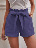 2025 Summer Women's Loose Flax Leisure Shorts Pocket Solid Colored High-Rise Broad