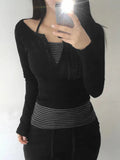 Sweet Style Simple Knitted Shirt Two Sets Of Striped Hanging Neck Hanging Sling + Half-Open Collar Long-Sleeved T-Shirt