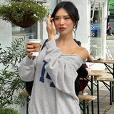 Number Printed One Shoulder Loose Sweatshirt-Outfit