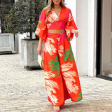 Toloer Women's V-Neck Lantern Sleeve Short Long Sleeve Top Wide Leg Pants Fashion Casual Suit