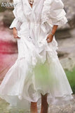 Ruffle Trim White Dress For Women V Neck Lantern Sleeve High Waist Cut Out Solid Ankle Length Dresses Female