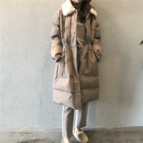 Faux rabbit fur collar women's winter down jacket long drawstring slim zipper ladies chic coat loose oversize outwear