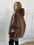Autumn And Winter New Women's Casual Loose Long-Sleeved Hood Splicing Plush Fur Coat