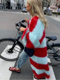 Stripe Long Fuzzy Cardigan-Outfit