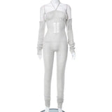 Women's 2025 Autumn And Winter 2025 New Woolen Sleeve Hanging Neck Tie Hollow Jumpsuit Pile