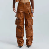 Toloer Cargo Pants Fall 2024 New Personality Splicing Loose PU Leather Pants Casual Wide-Leg Pants Women-Outfit