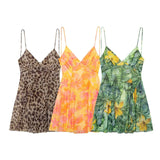 2025 Spring New Women's Printed V-Necked Suspension Short Dress