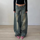 Toloer Wind Do Old Wash Water Division Casual Jeans Low Waist Straight Tube Loose Show Thin Casual Pants-Outfit
