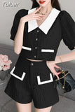 Fahsion Shorts Set Women 2023 New Summer Pearl Buttons Lapel Puff Sleeve Short Shirt And Wide Leg Shorts Two-Piece