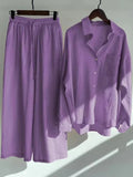 Linen Shirts Wide Leg Elastic Waist Pants Women Casual Sets Elegant Loose Long Sleeve Lapel 2023 Autumn Shirt Y2k Suit-Outfit
