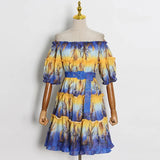 Casual Print Colorblock Dress For Women Slash Neck Puff Sleeve Patchwork Belt Fold Pleated Dresses Female 2022