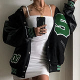 Baseball Bomber Jacket Women Hip Hop Letter Patchwork PU Leather Streetwear Autumn 2021 College Oversized Coats Varsity