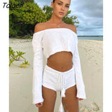 Knit Stripe Crop Top Shorts Suits Women Long Sleeves Top Drawstring Shorts 2 Two Piece Set Sweater 2023 Beach Holiday 425-0-Outfit