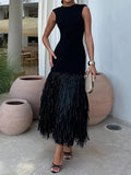 Photo-Round Neck Sleeveless Tassel Hem Dress 2024 Fashion Ladies Party Dress-Outfit