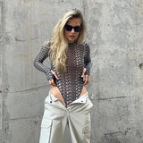 Printed Chaochao Brand Mesh Spicy Girls' Conjoined Clothes Are Sexually Transparent Long-Sleeved Tight Fashionable Women's Wear-Outfit