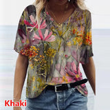 Flower Print T-Shirts Casual 3D Painting Graphic Tops Fashion Short Sleeve Y2K V Neck Female Tees Tshirts Plus Size