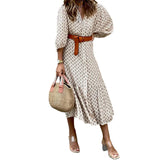 Toloer Spot 2024 Autumn / Winter New Fashion Belt Printing V-Collar Simple Temperament Long Dress-Outfit