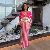 Knitted Suit Woman Sexy V-Necked Leaf Sleeve Top + Striped Ass Skirt