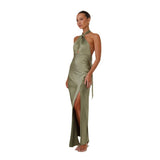 Spring Summer New Women's Sexy Waist Hanging Neck Open Fork Long Color Sleeveless Dress
