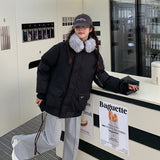 Retro Navy Blue Wool Collar Parker Cotton Suit Women's Winter New Thickened Warm Oversize Padded Coat-Outfit
