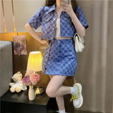 Sexy Plaid Skirt Suit Women 2 Piece Set Korean Style Short Sleeve Cropped Jacket And Design Pin A-Line Mini Skirt