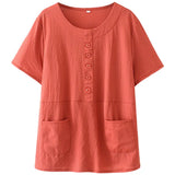 Women's Clothing Oversized Solid Cotton Short Sleeve Round Neck Pocket Button Casual Home Loose Belly Tshirt Tops-Outfit