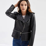 2021 Women Autumn zipper Soft Leather Jacket Coat Turn-down Collar Casual Pu Motorcycle Black Punk