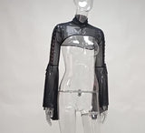 Net Horn Sleeve Double Ribbon Shoulder Dark Wind High Collar Characteristic Corns Strapped Long-Sleeved Blouse-Outfit