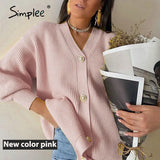 Simplee Casual v-neck knitted cardigan women Autumn winter lantern sleeve button female cardigan Fashion ladies oversize
