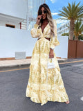 Autumn Dress Long Leaf Print V-Neck Hollow Out Long Sleeve Casual Womens Frock Traf Vestidos Para Mujer Robe Sexy