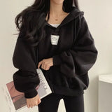 V-Neck Solid Color Oversized Hoodie-Outfit